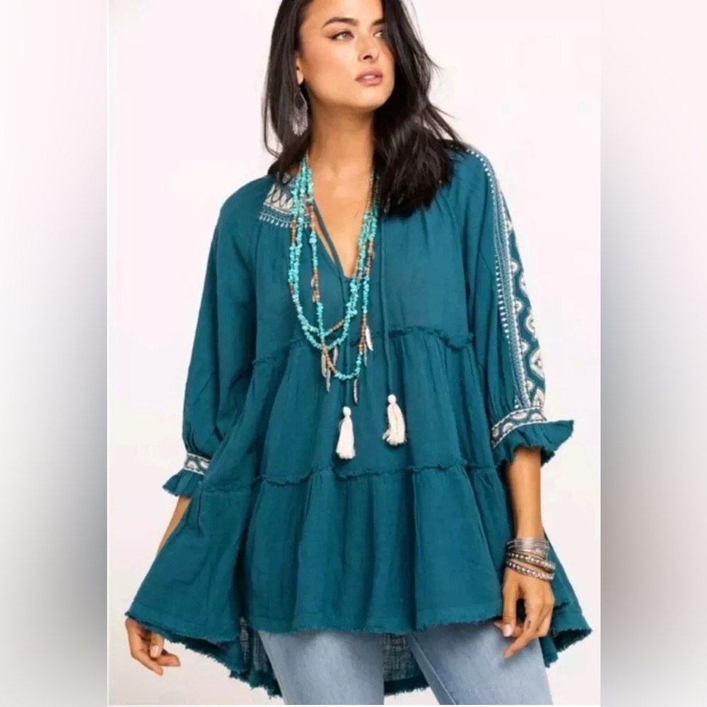 Free People Boho Blue Flowy Tunic Top with Tassels and Cream Stitching Detail XS